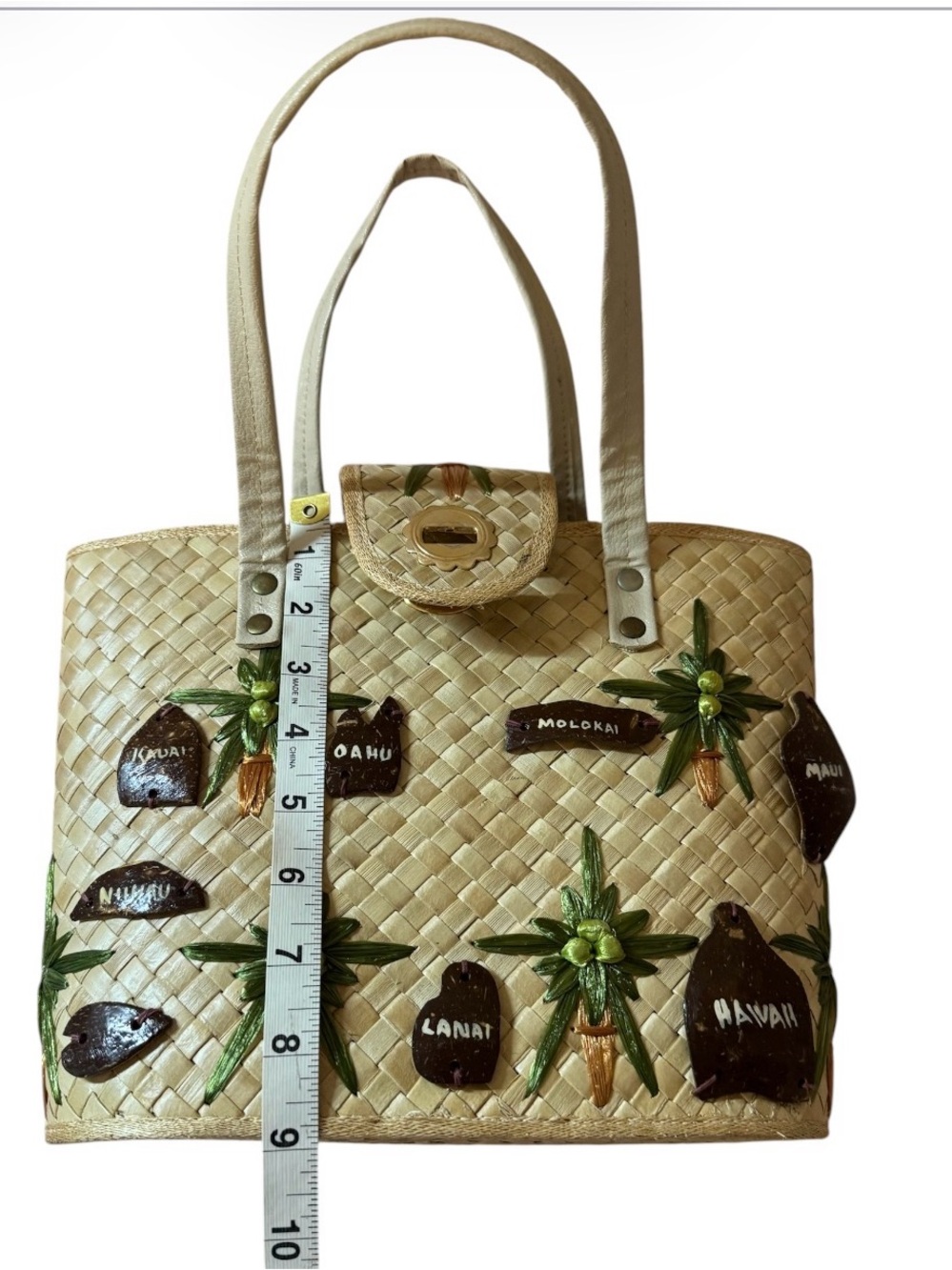 Summer is Here!! Hawaii Woven Palm Accent Beige Tote Bag. - Picture 6 of 8
